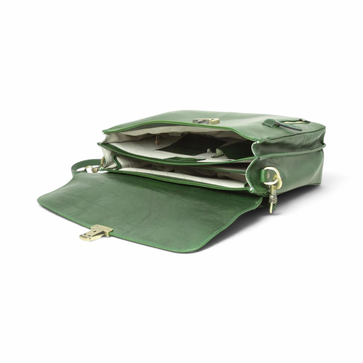 Cartella in pelle verde aperta, con fodera chiara e tasche interne