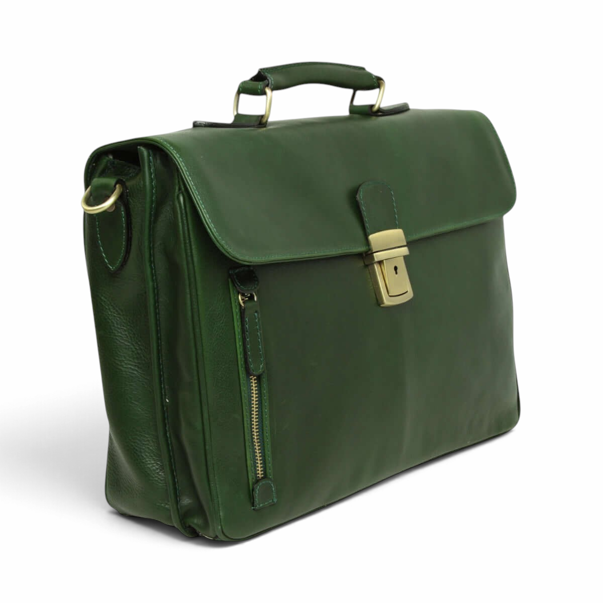 Cartella in pelle verde, vista laterale con tasca con zip e chiusura metallica dorata