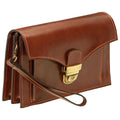 Borsetta clutch in pelle marrone Old Angler con patta e fibbia dorata, tracolla