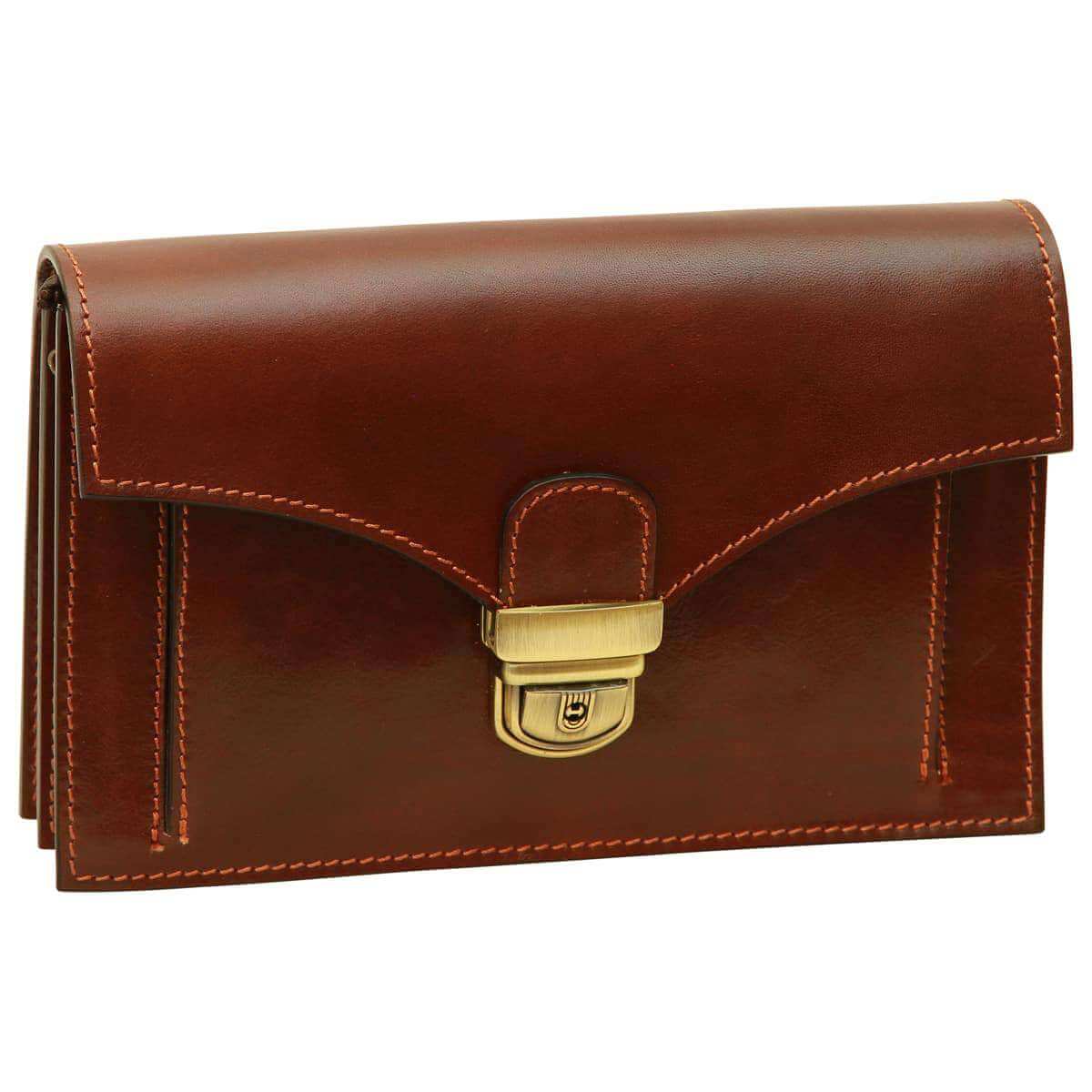 Borsetta clutch Old Angler in pelle marrone con chiusura a fibbia dorata e cuciture