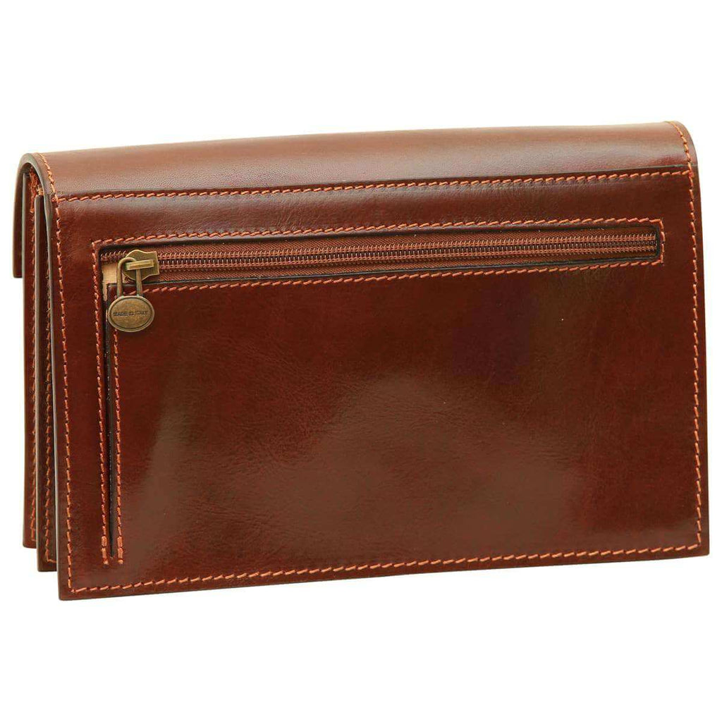 Clutch in pelle marrone Old Angler con scomparto interno e zip, dettaglio fibietta