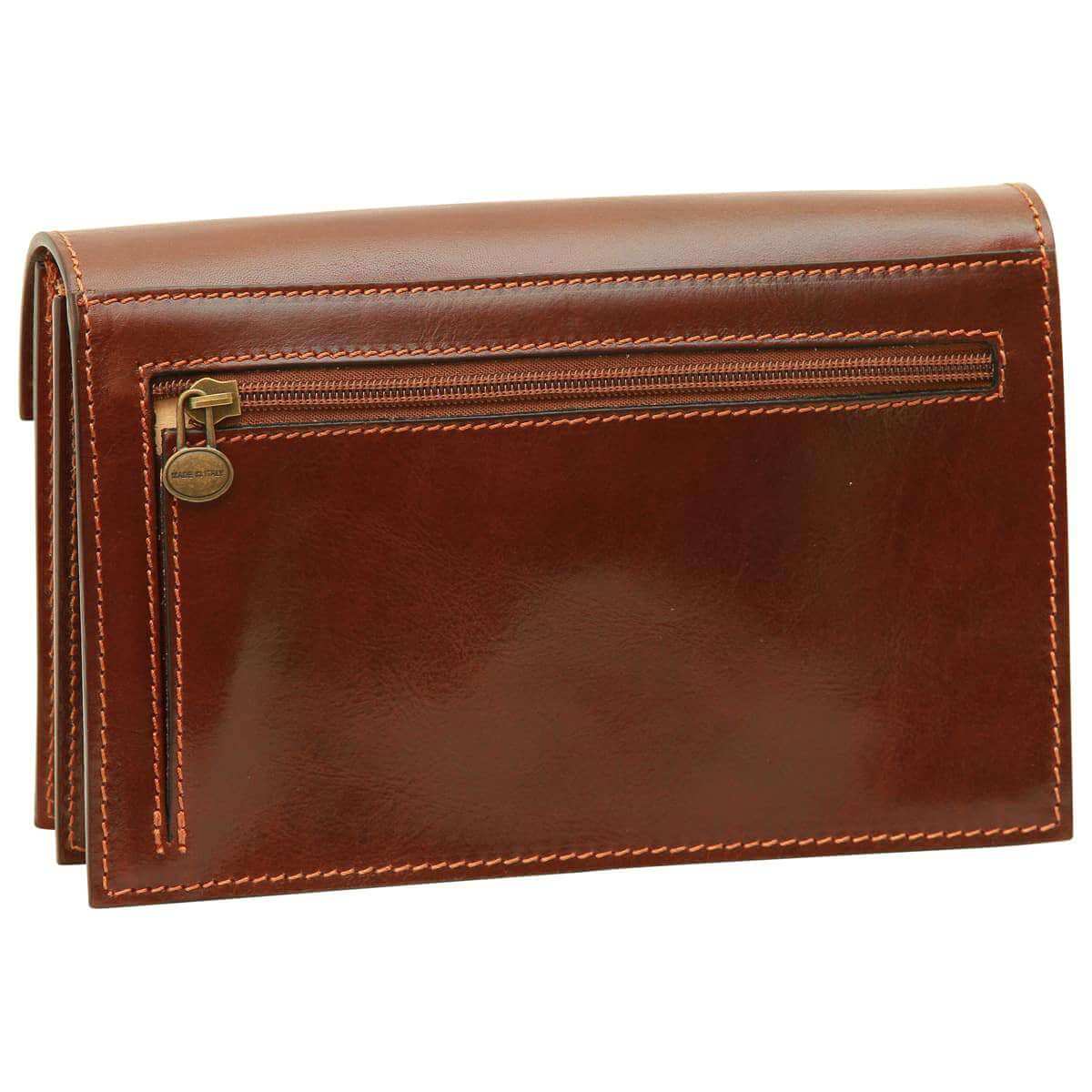 Clutch in pelle marrone Old Angler con scomparto interno e zip, dettaglio fibietta