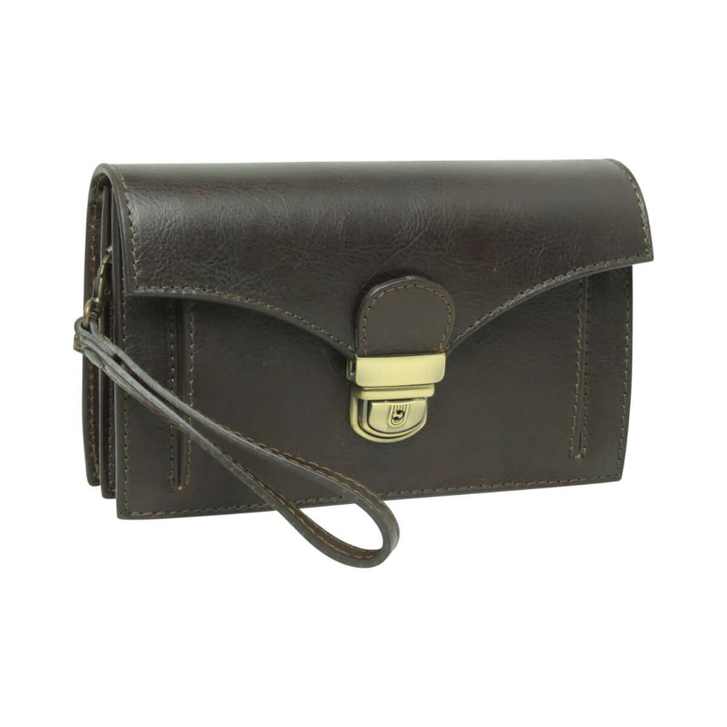 Clutch in pelle tmoro verde scuro con chiusura a fibbia e cinturino al polso