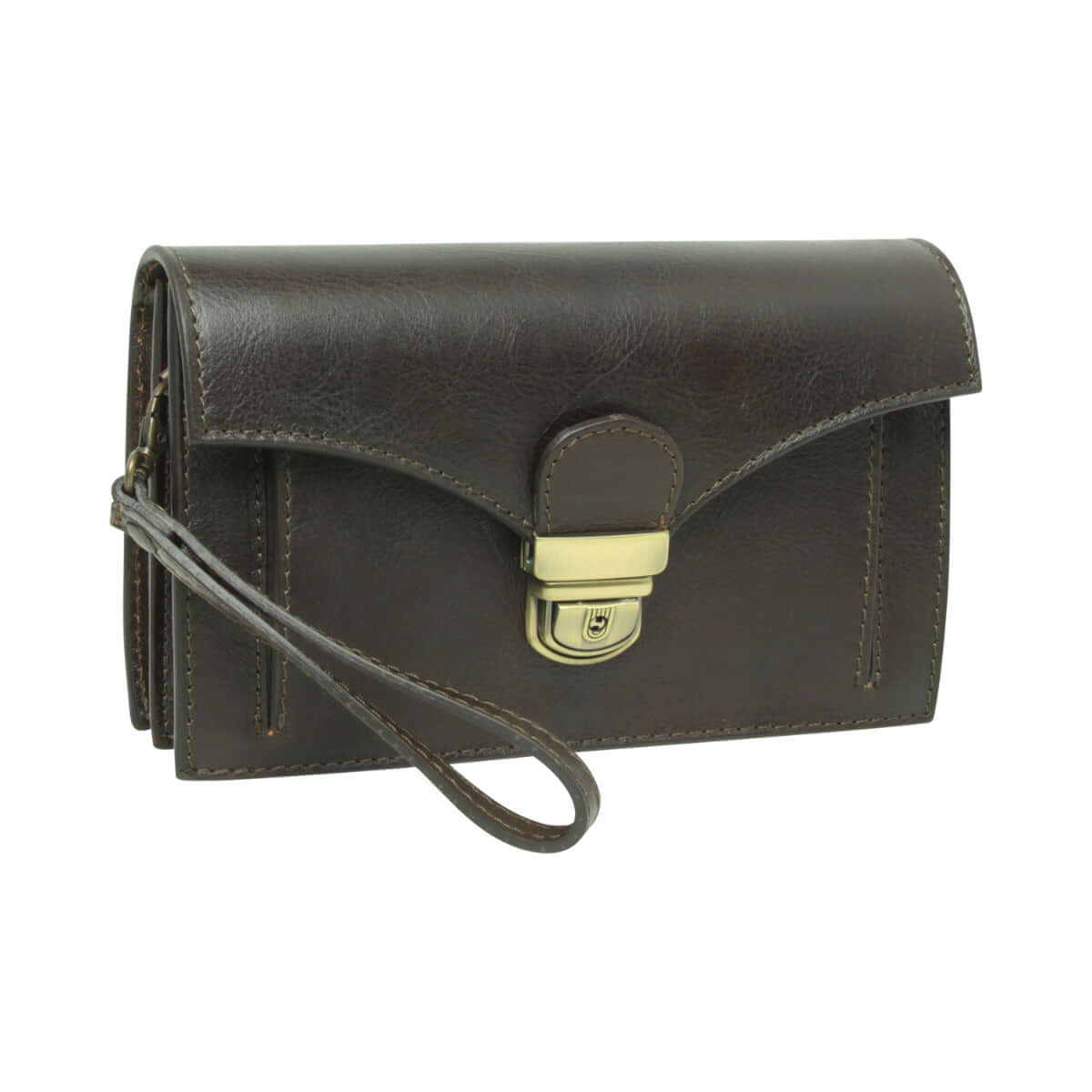 Clutch in pelle tmoro verde scuro con chiusura a fibbia e cinturino al polso