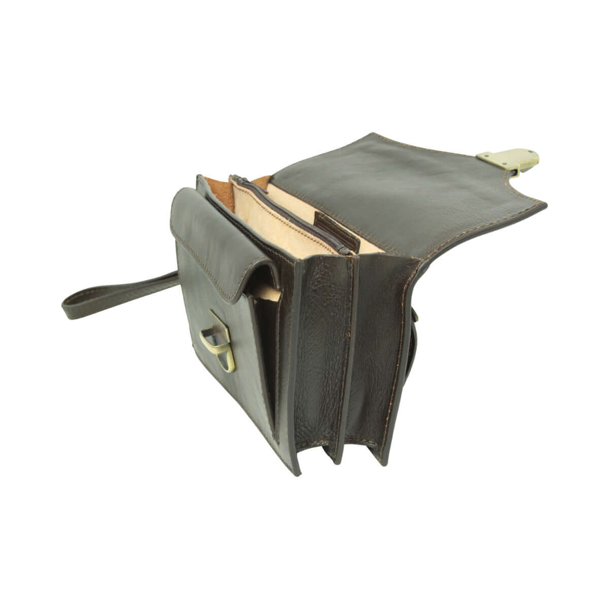Clutch in pelle tmoro aperta, interno beige, tracolla e chiusura in metallo