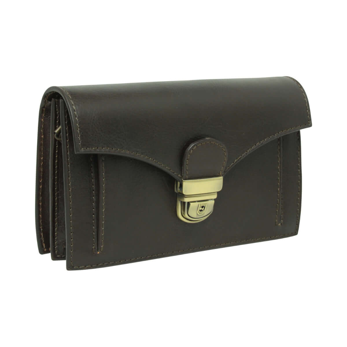 Clutch in pelle tmoro verde scuro con fibbia centrale e dettagli cuciti