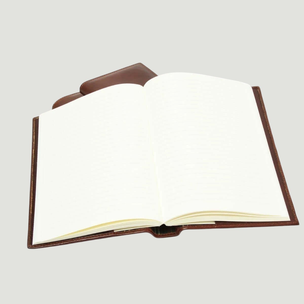 Diario in pelle marrone aperto con pagine bianche e copertina rigida