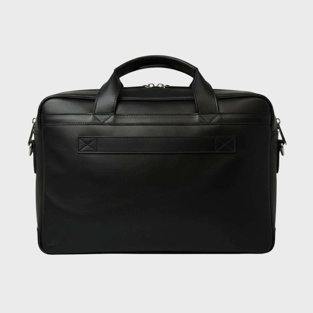 Borsa in pelle nera per laptop con manico superiore e zip laterali