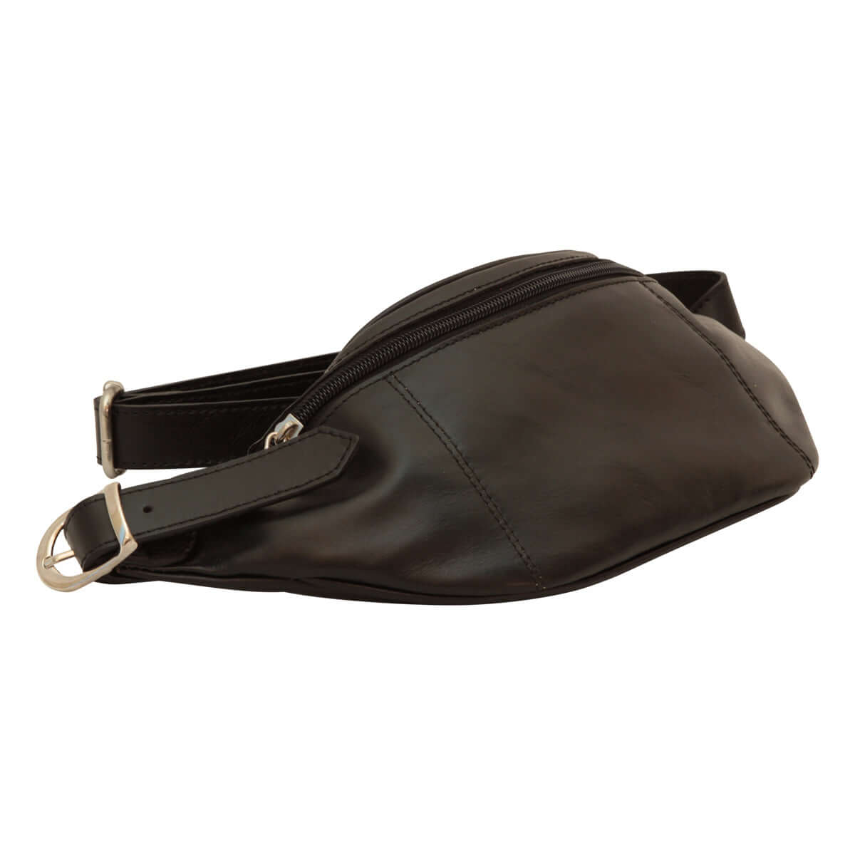 Marsupio in pelle nero con cerniera e cintura regolabile, dimensioni compatte e design elegante.