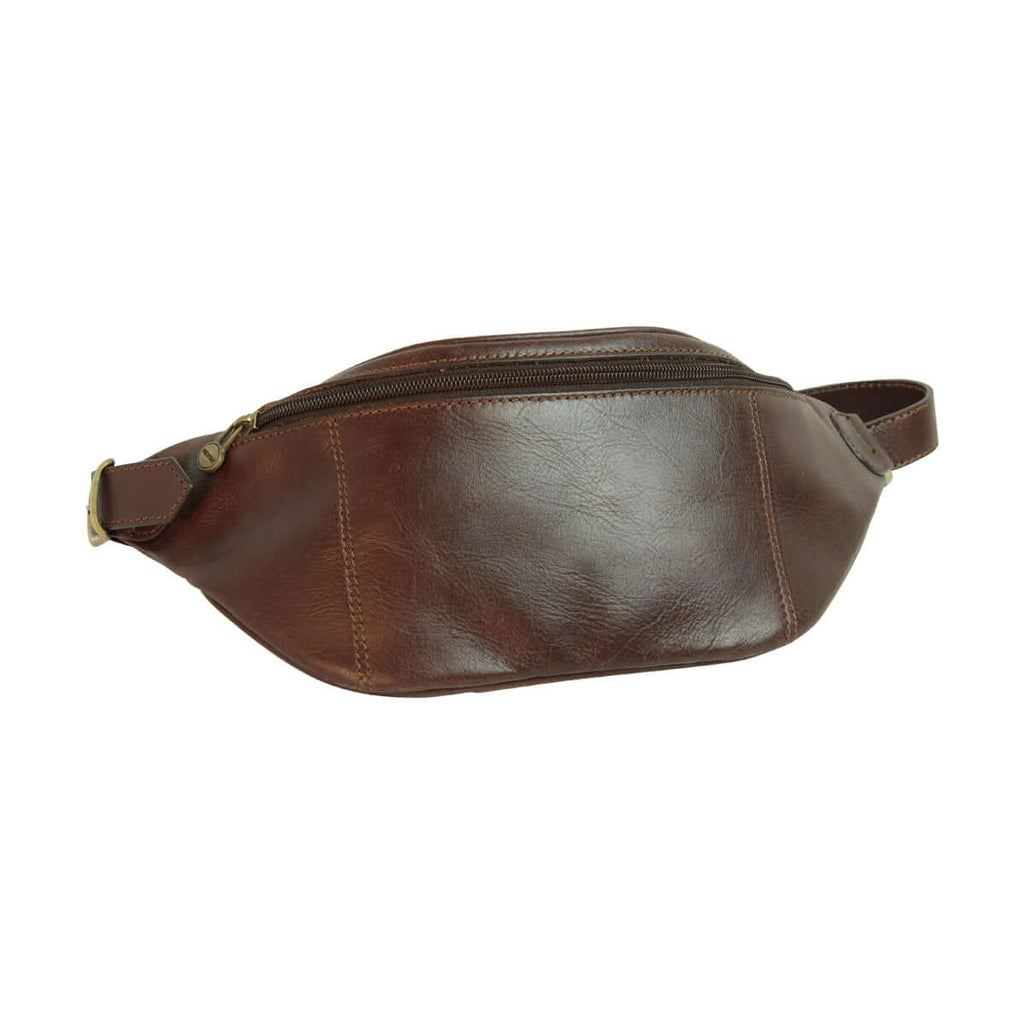 Marsupio pelle marrone scuro in pelle pieno fiore con cintura aggiustabile, dimensioni 38 x 13 x 6 cm.