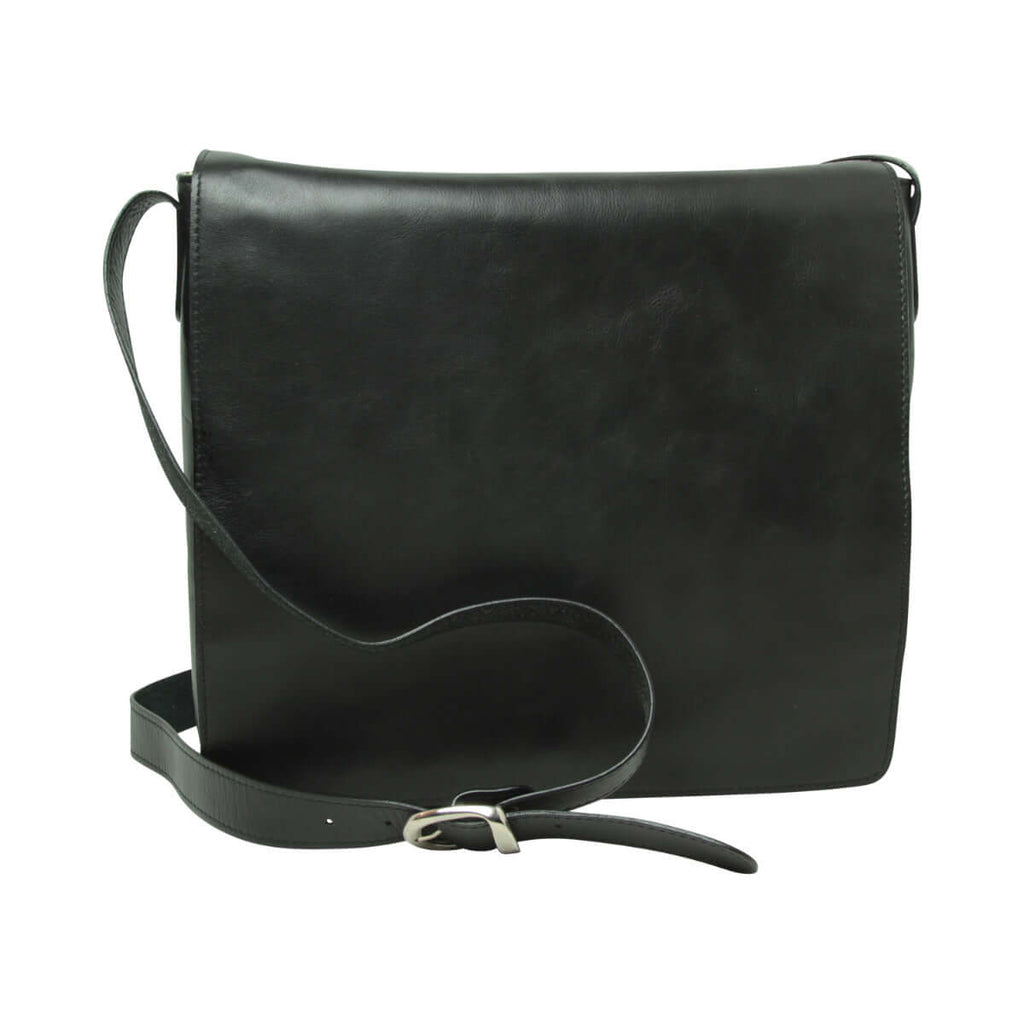 Borsa messenger in pelle nera con tracolla e chiusura a fibbia