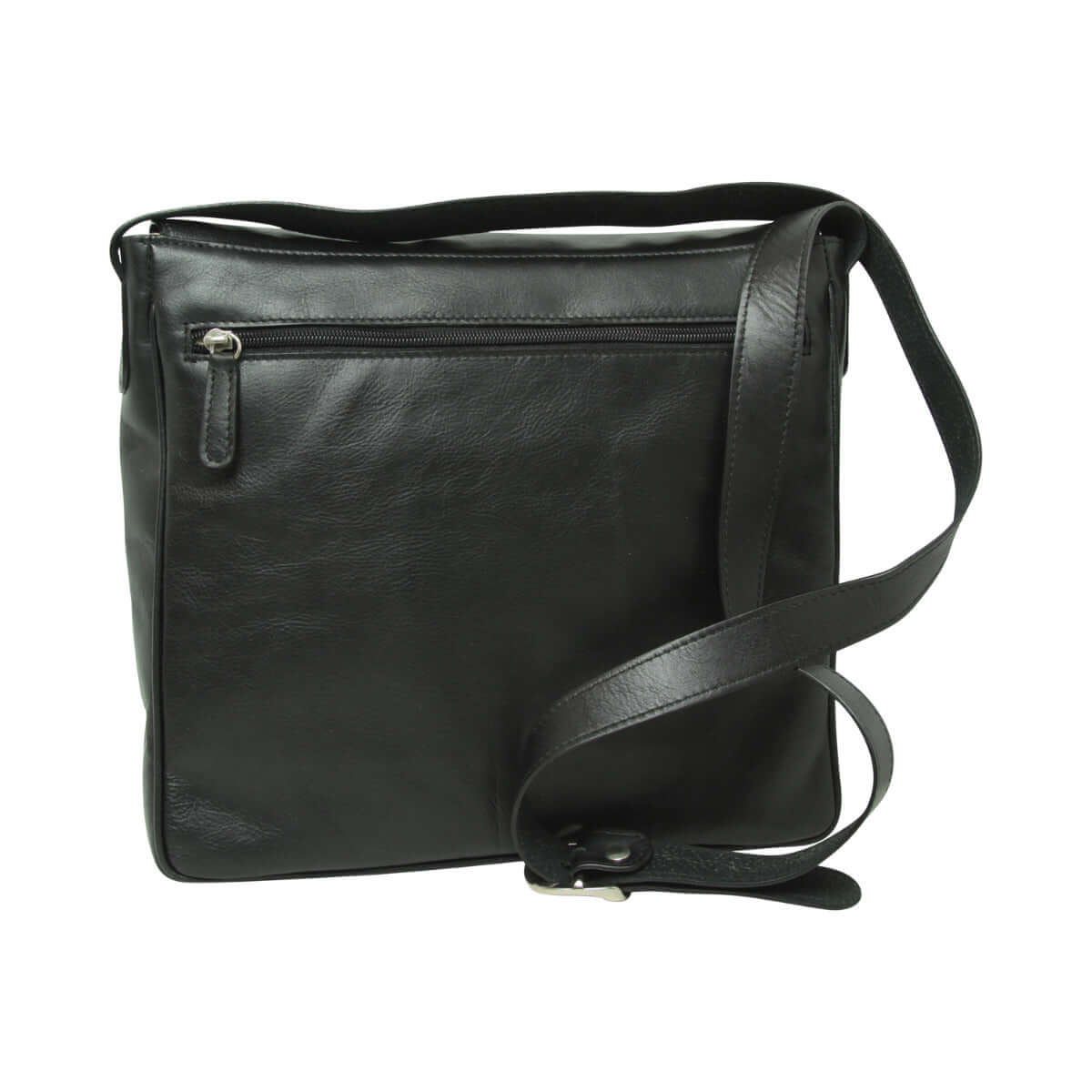 Borsa messenger in pelle nera con tasca frontale e tracolla in pelle