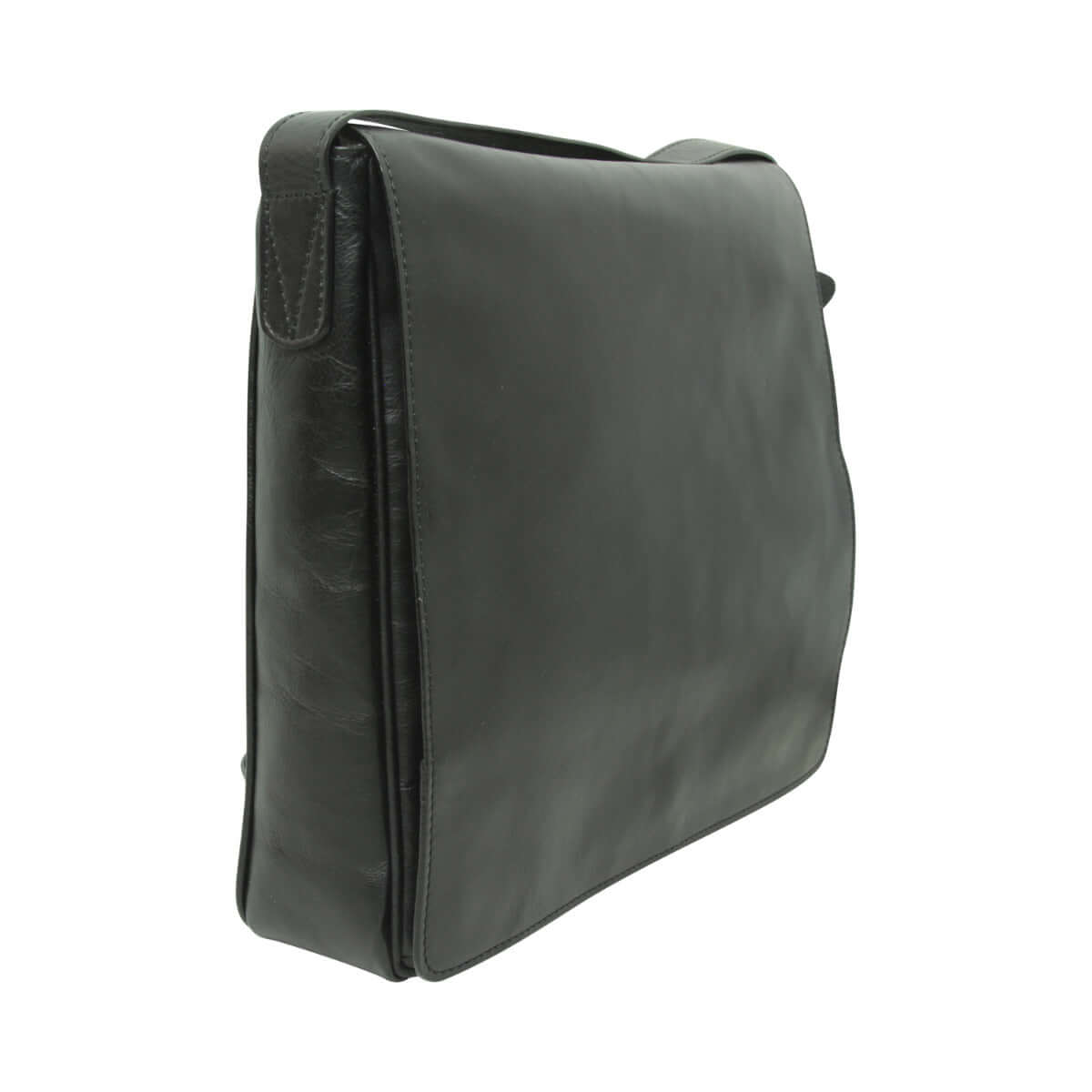 Borsa messenger in pelle nera sul fianco con cuciture e tracolla