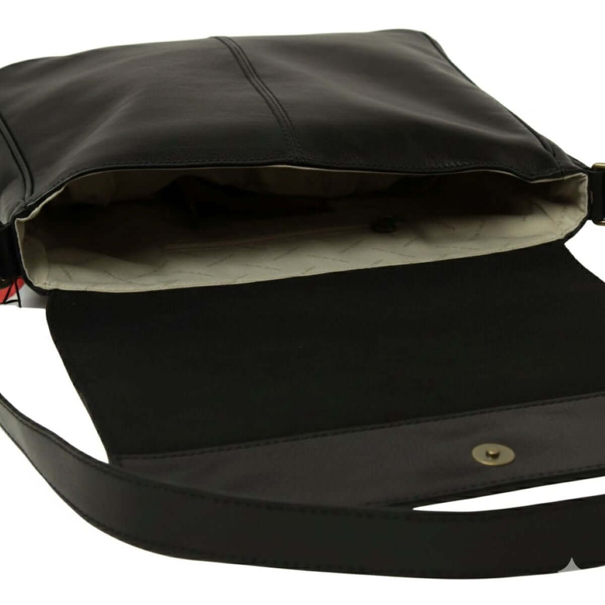 Borsa messenger in pelle nera con interno chiaro e tasca interna