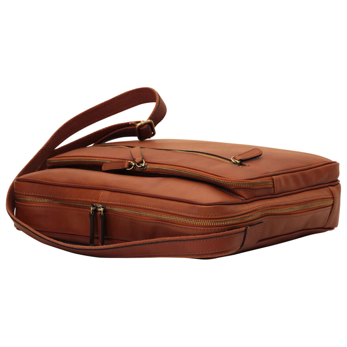 Messenger in pelle con chiusura a zip grande marrone con tasche e tracolla regolabile.
