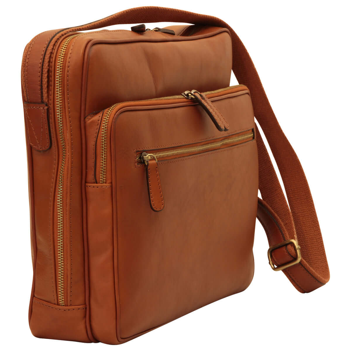 Messenger in pelle con chiusura a zip grande color marrone coloniale, con tasche e tracolla regolabile.