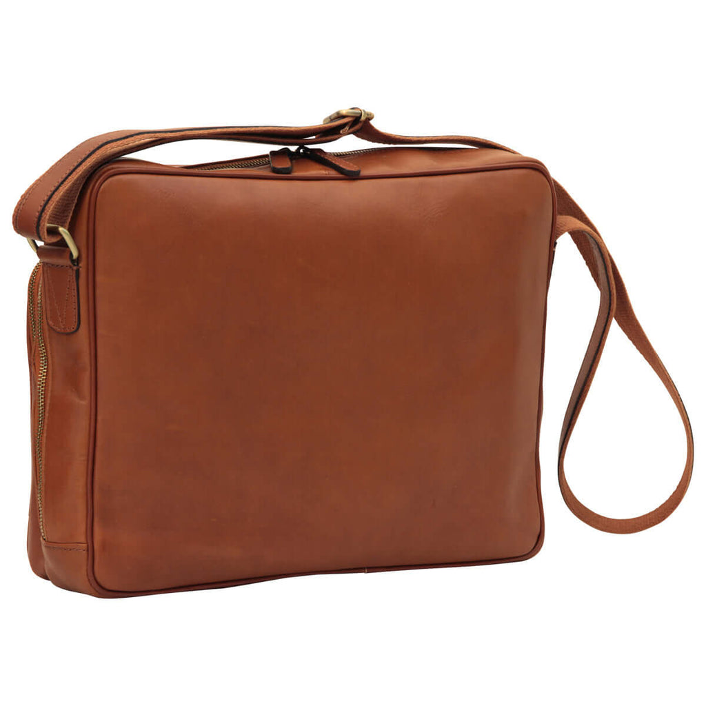 Messenger in pelle con chiusura a zip grande Marrone Coloniale, borsa unisex in vitello pieno fiore.