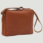 Borsa messenger in pelle marrone con chiusura a zip e maniglia superiore, tracolla