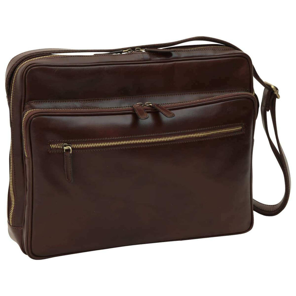 Borsa messenger pelle chiusura zip grande marrone, con scomparto imbottito e tracolla regolabile.