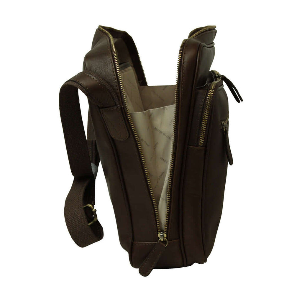 borsa messenger pelle chiusura zip grande marrone - vista interna con cerniera aperta
