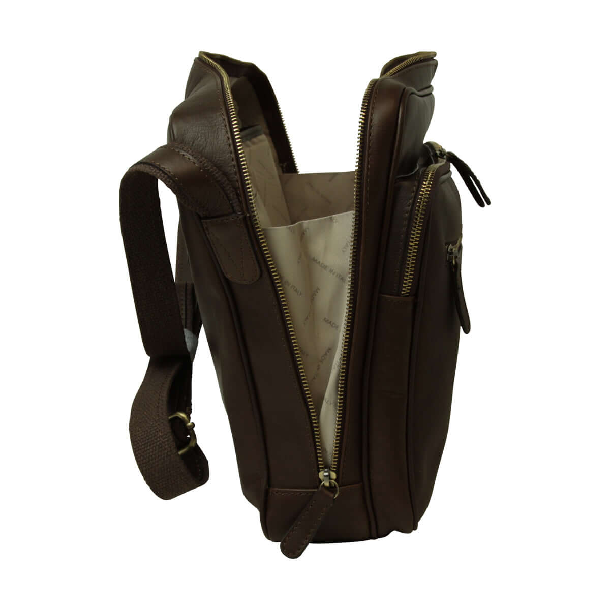 borsa messenger pelle chiusura zip grande marrone - vista interna con cerniera aperta