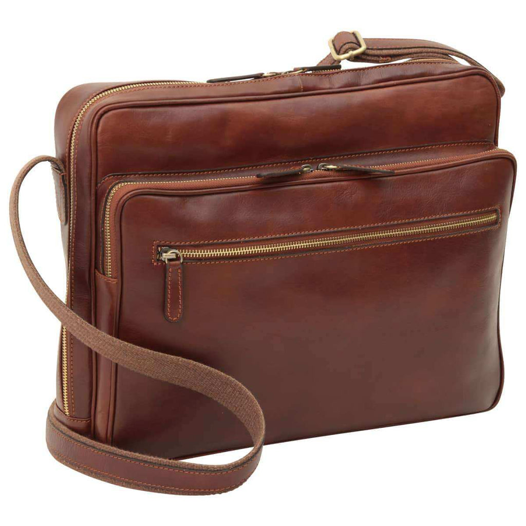 Borsa messenger in pelle con chiusura a zip (Grande) marrone, ideale per laptop e con tracolla regolabile.