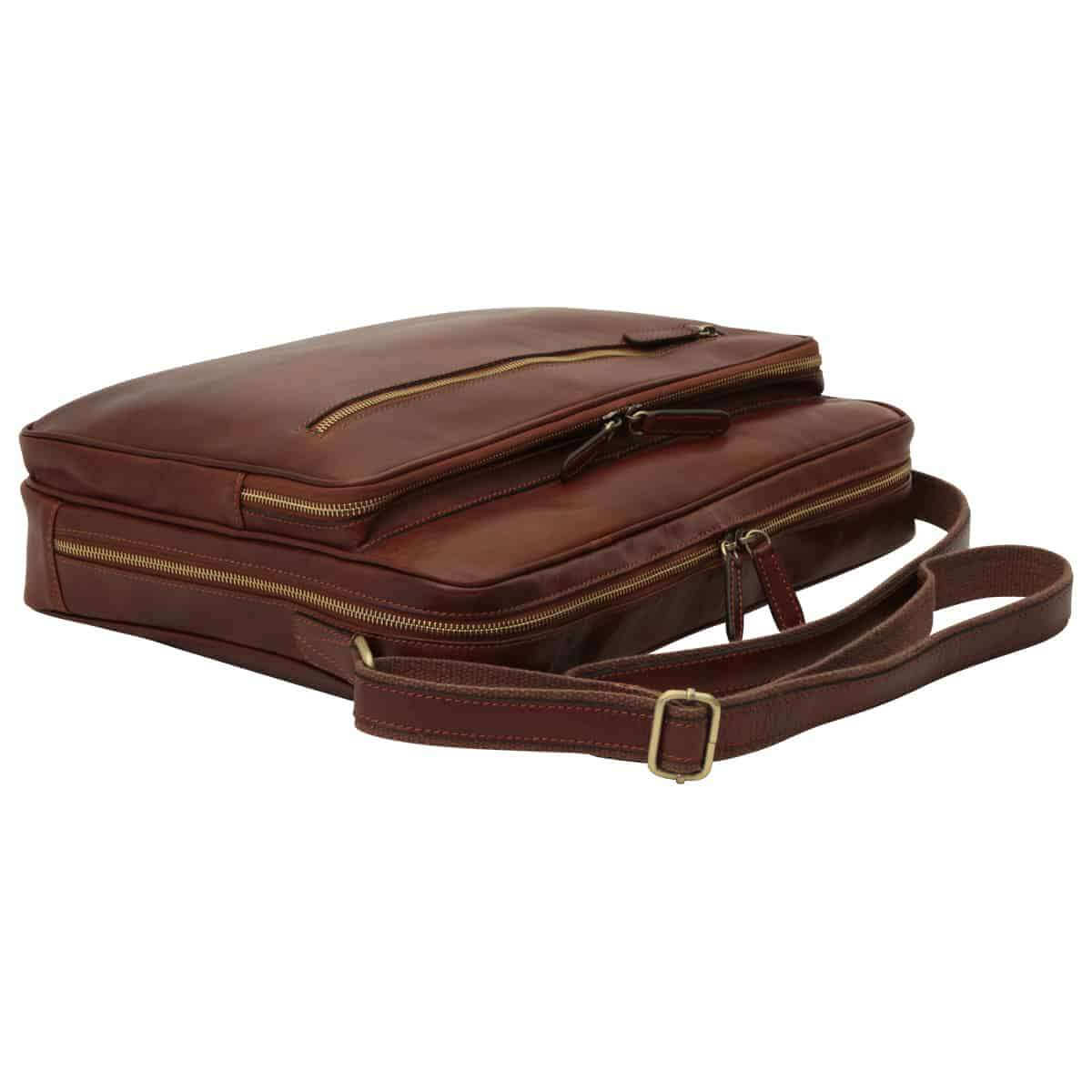 Borsa messenger in pelle con chiusura a zip (Grande) marrone, con scomparto per laptop e tasche esterne.
