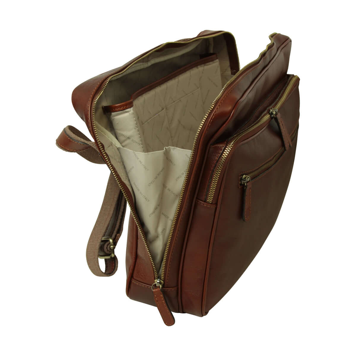 borsa messenger in pelle con zip interna e tasche esterne, colore marrone, chiusura a zip.