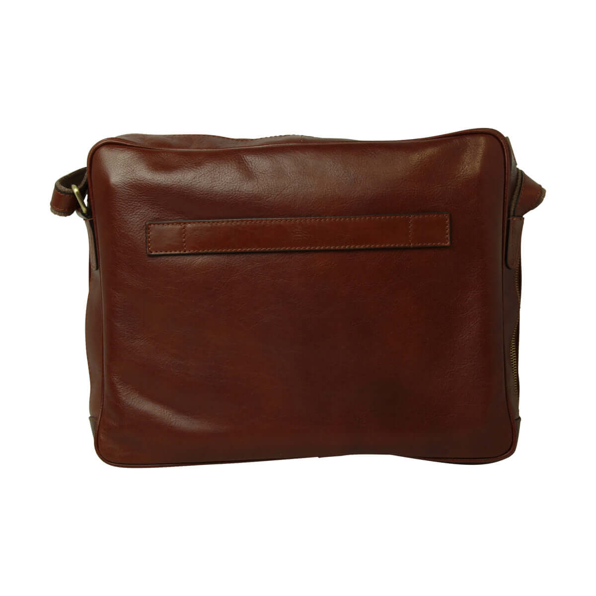 Borsa messenger in pelle con zip marrone, chiusura a zip, scomparto per laptop, tracolla regolabile.