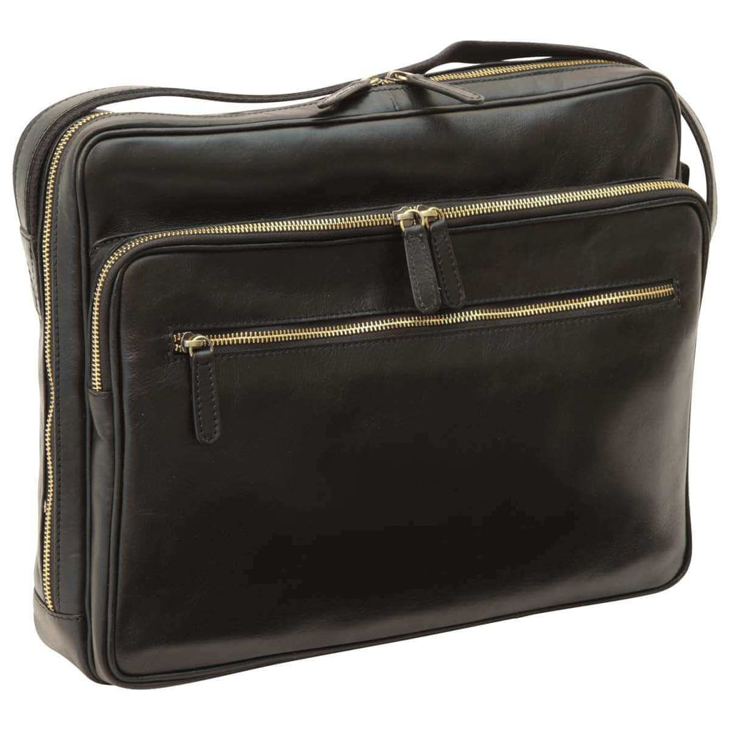 Borsa messenger pelle con chiusura zip in pelle nera, con tasche e scomparto per laptop.