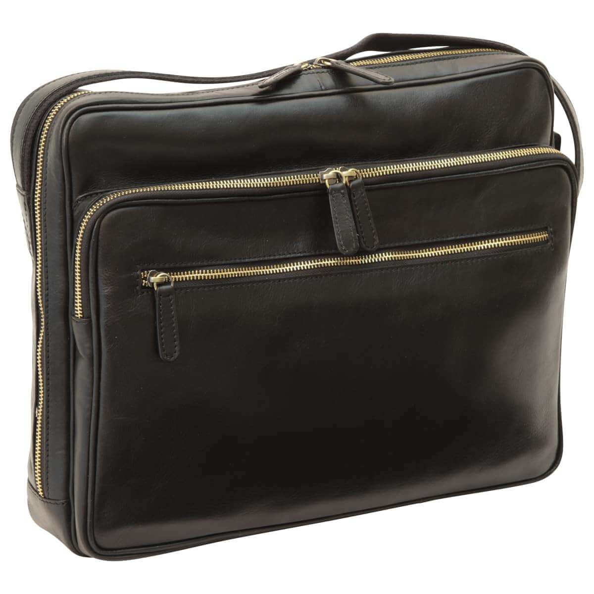 Borsa messenger pelle con chiusura zip in pelle nera, con tasche e scomparto per laptop.