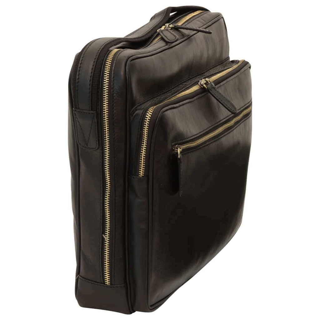 Borsa messenger pelle con chiusura zip, in pelle nera, scomparti funzionali e tracolla regolabile.