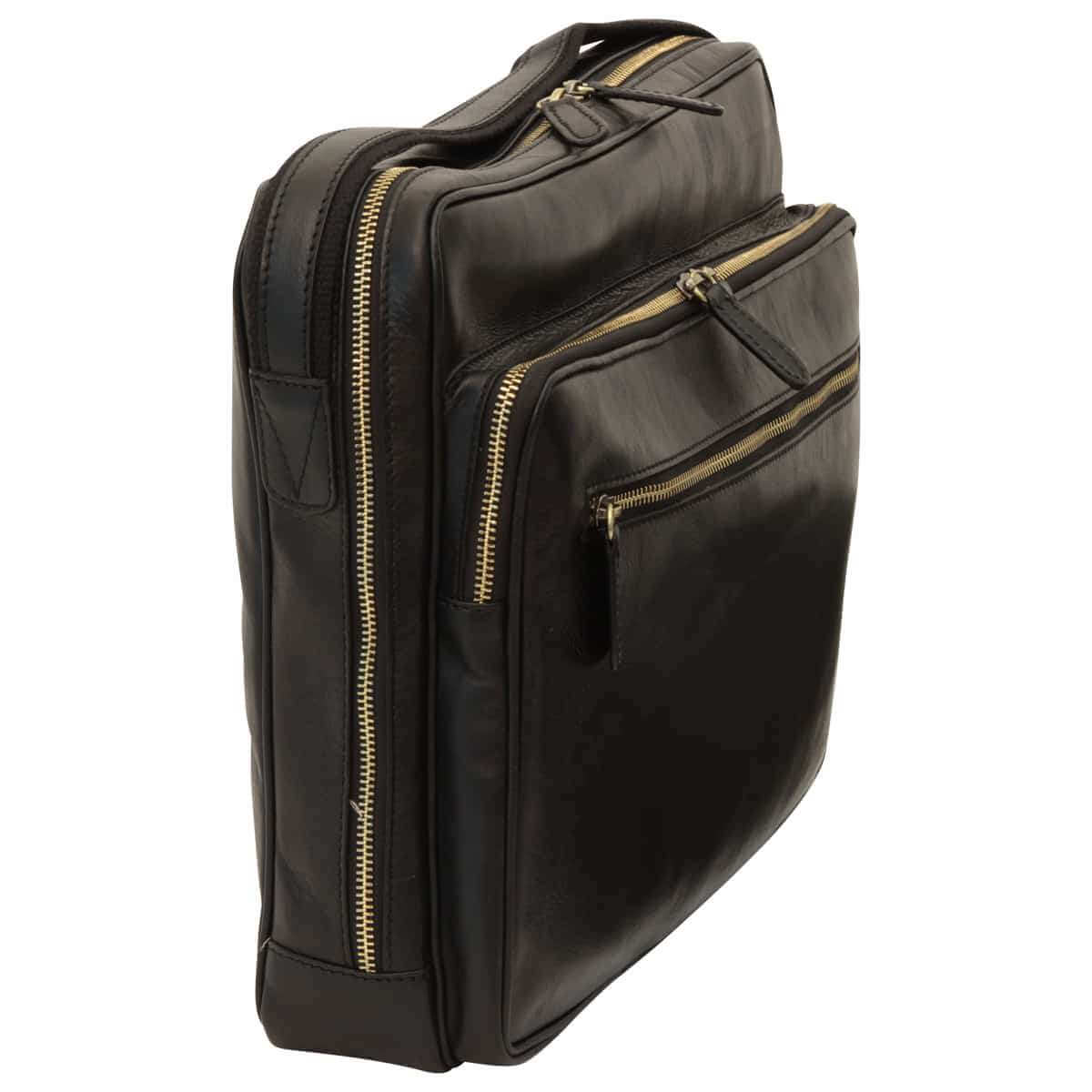Borsa messenger pelle con chiusura zip, in pelle nera, scomparti funzionali e tracolla regolabile.