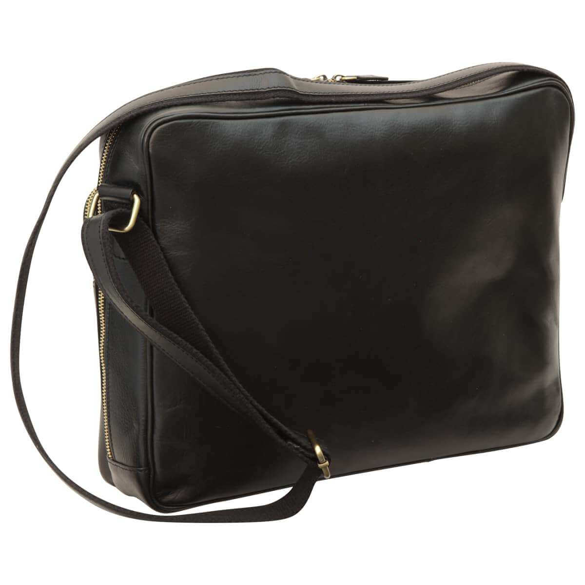 borsa messenger pelle con chiusura zip in pelle di vitello nera, scomparto per laptop e tracolla regolabile