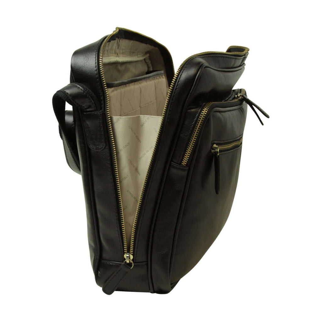 borsa messenger pelle con chiusura zip vista interna con tasche e scomparto imbottito