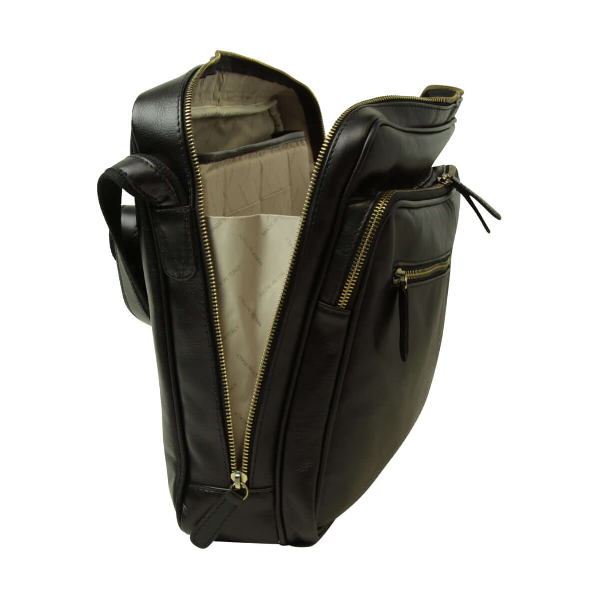 borsa messenger pelle con chiusura zip vista interna con tasche e scomparto imbottito