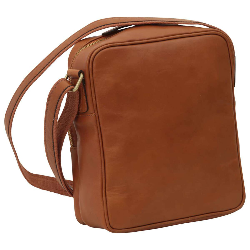 Messenger in pelle marrone chiusura zip, borsa in vitello pieno fiore adatta per uso quotidiano.