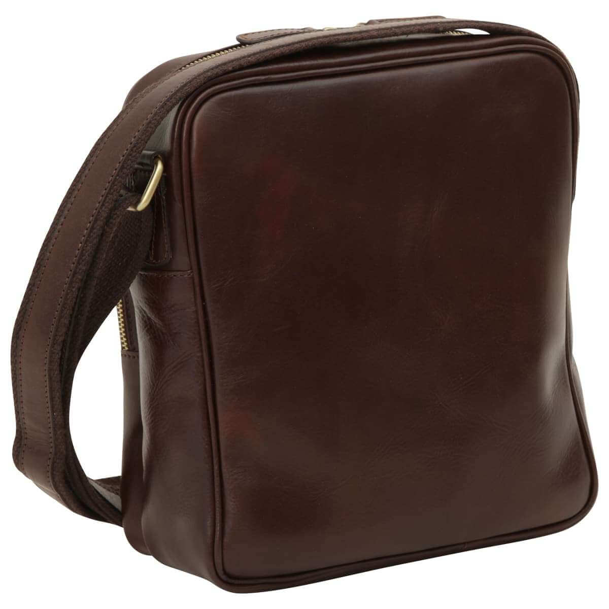 Messenger pelle zip piccolo marrone, borsa in pelle di vitello, elegante e pratica, dimensioni compatte.