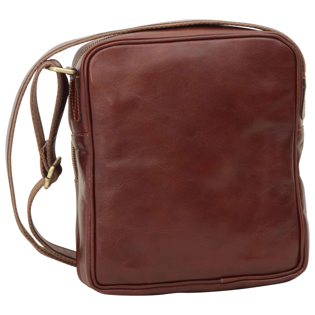 Messenger in pelle marrone con chiusura a zip, design elegante e pratico, ideale per uso quotidiano.