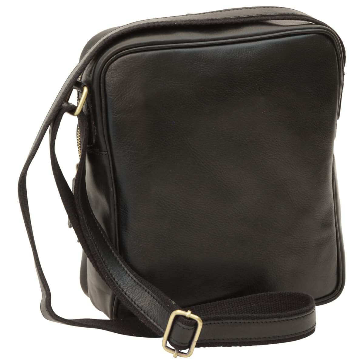 Messenger in pelle con chiusura a zip (Piccola) in pelle nera, design unisex e tracolla regolabile.