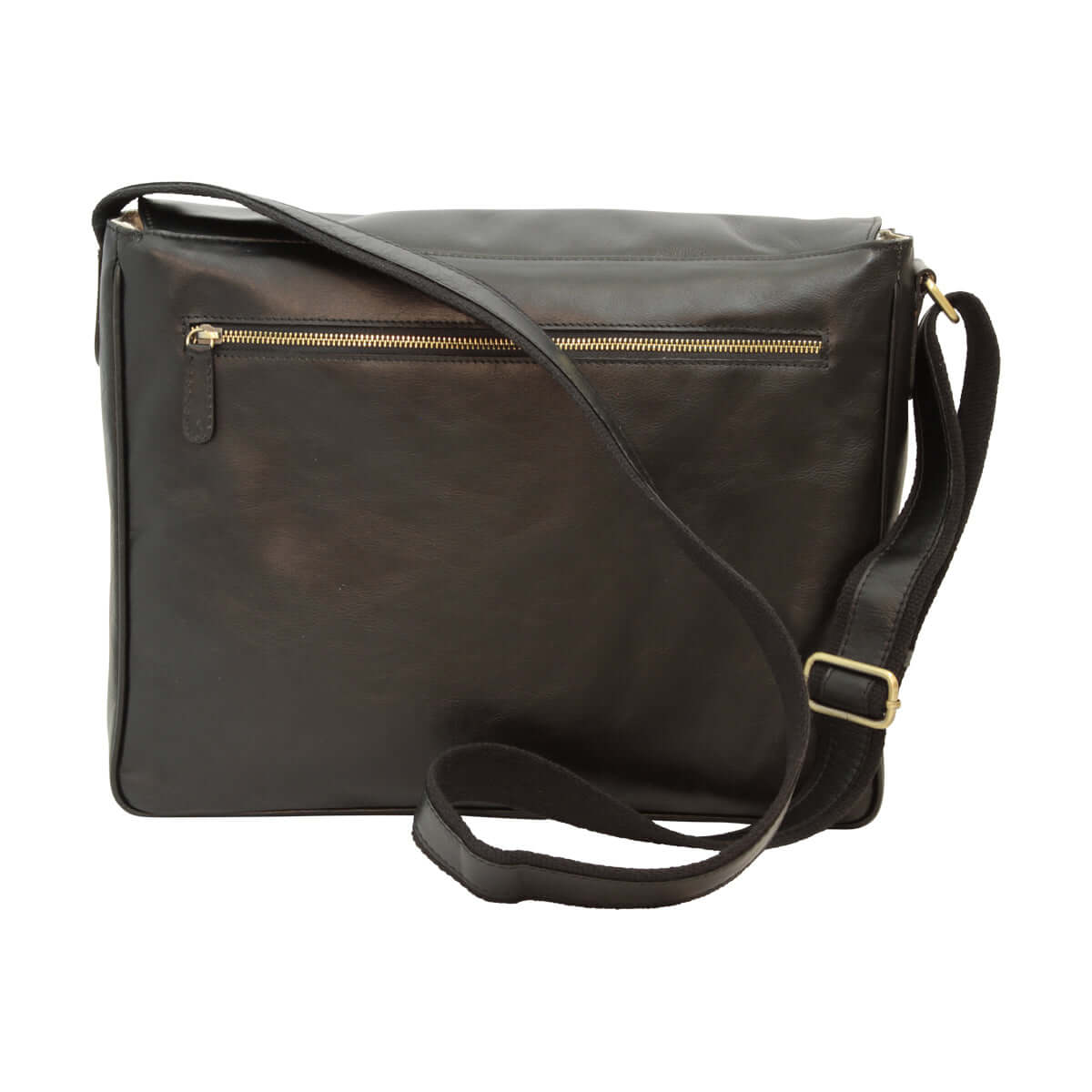 Messenger in pelle di vitello nera con tracolla regolabile e tasca con zip sul retro.
