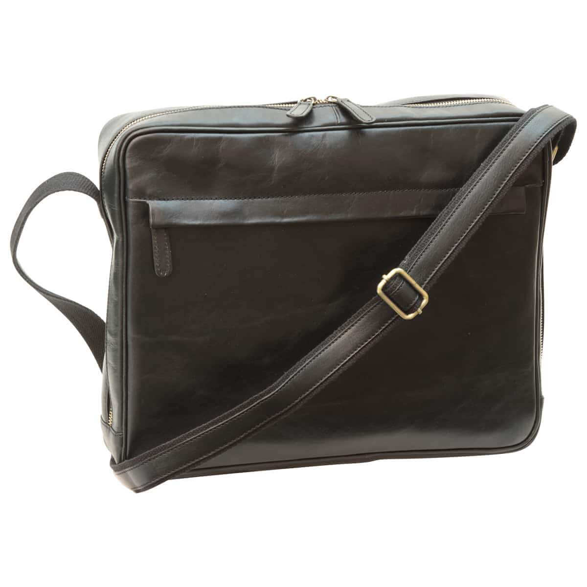 Messenger in vacchetta unisex nero con tracolla regolabile in pelle e tasche esterne, misura 38x30x8 cm.