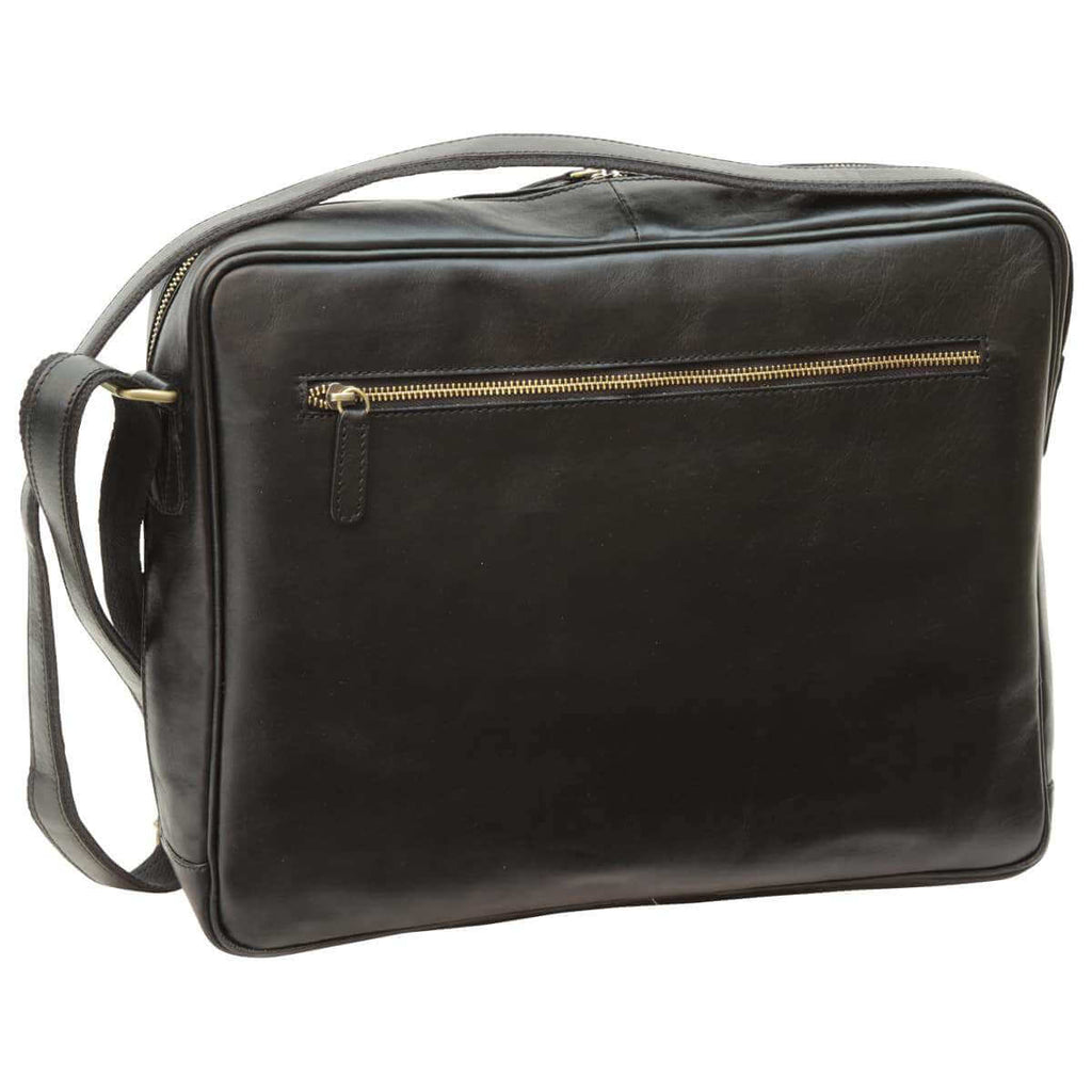 Messenger in vacchetta unisex in vitello nero con tracolla e scomparti pratici.