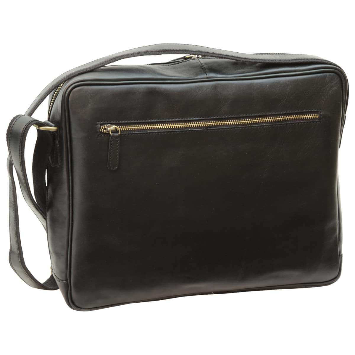 Messenger in vacchetta unisex in vitello nero con tracolla e scomparti pratici.