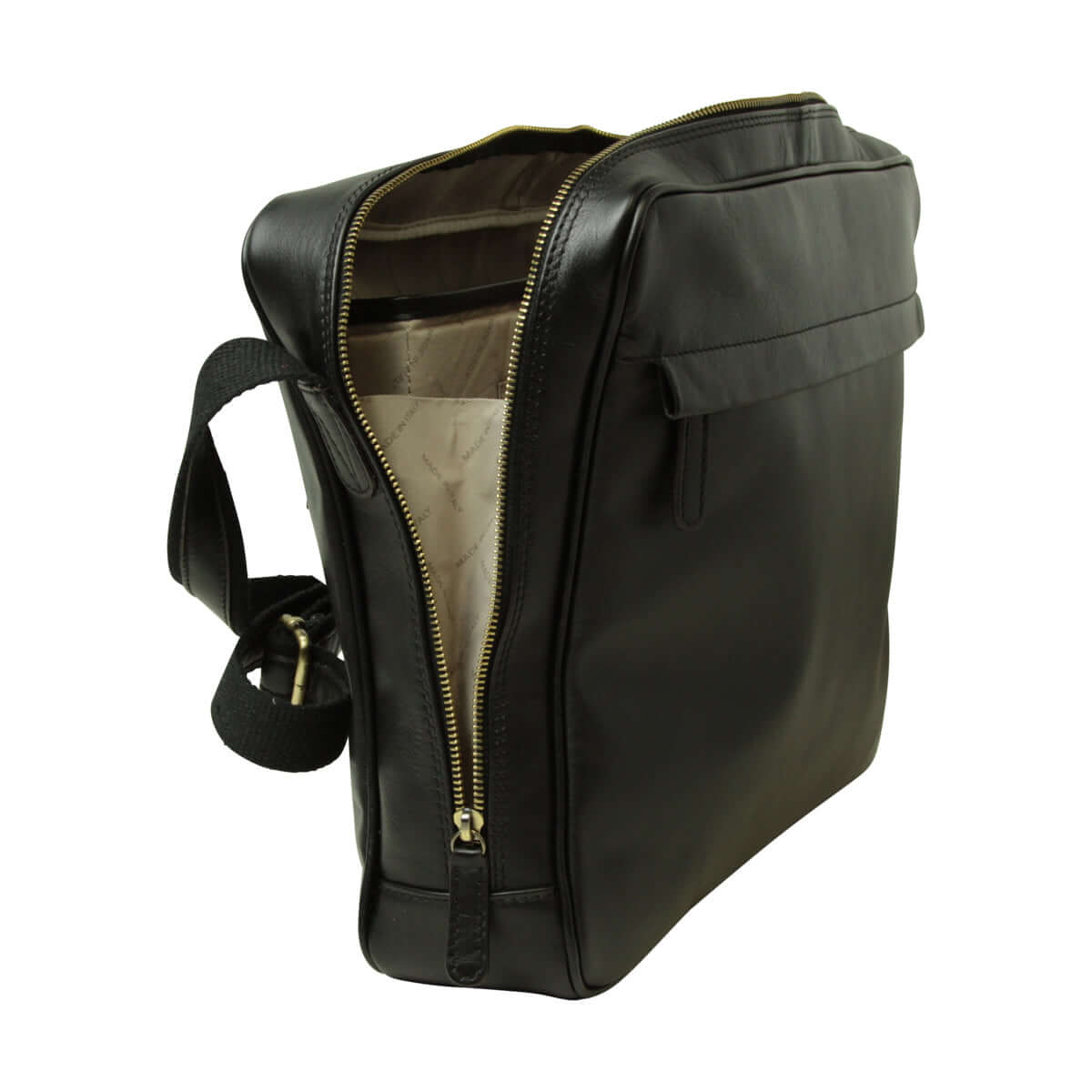 Messenger in vacchetta unisex nero, vista laterale con zip e interno foderato.