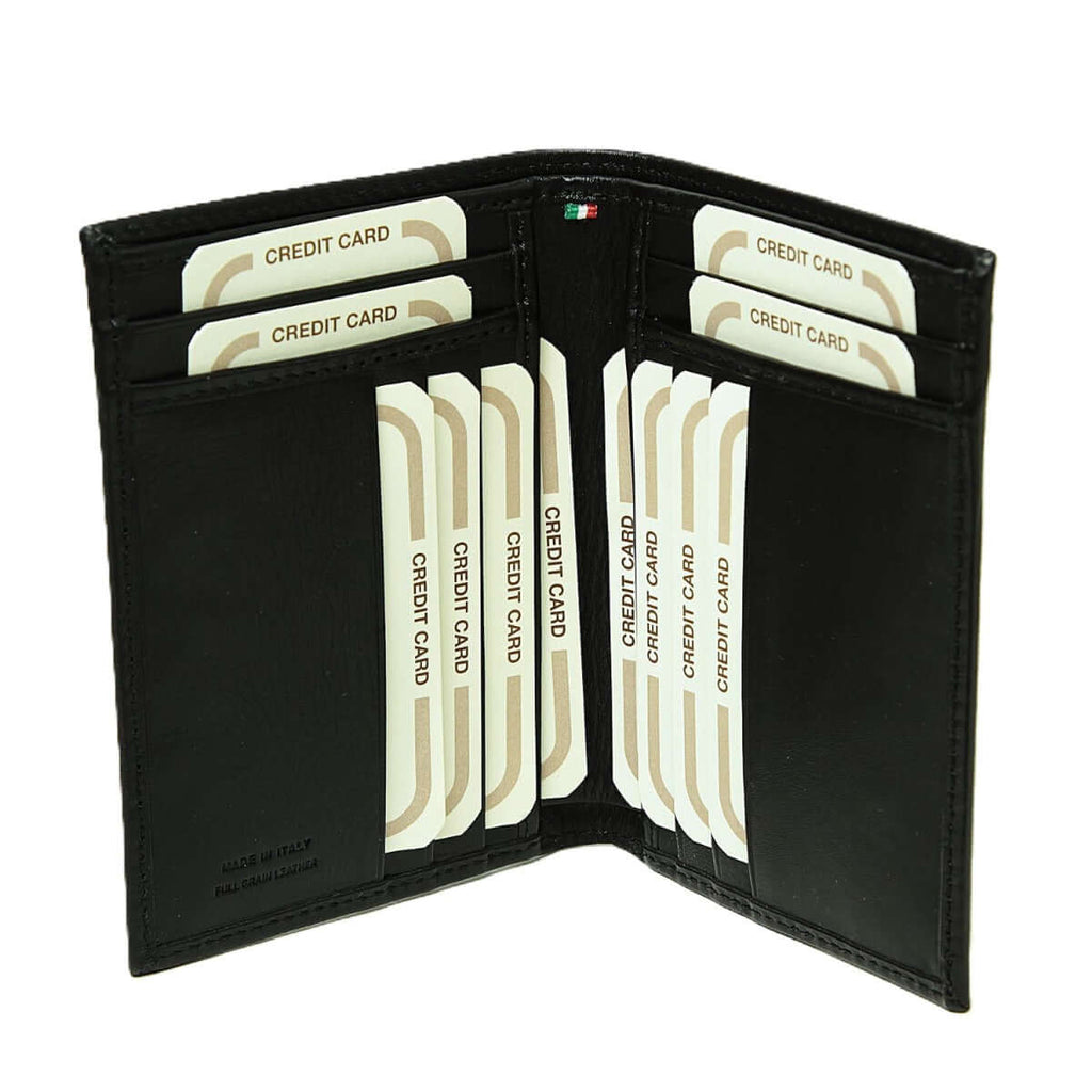 Porta carte in pelle nera aperto con tasche multiple per carte di credito