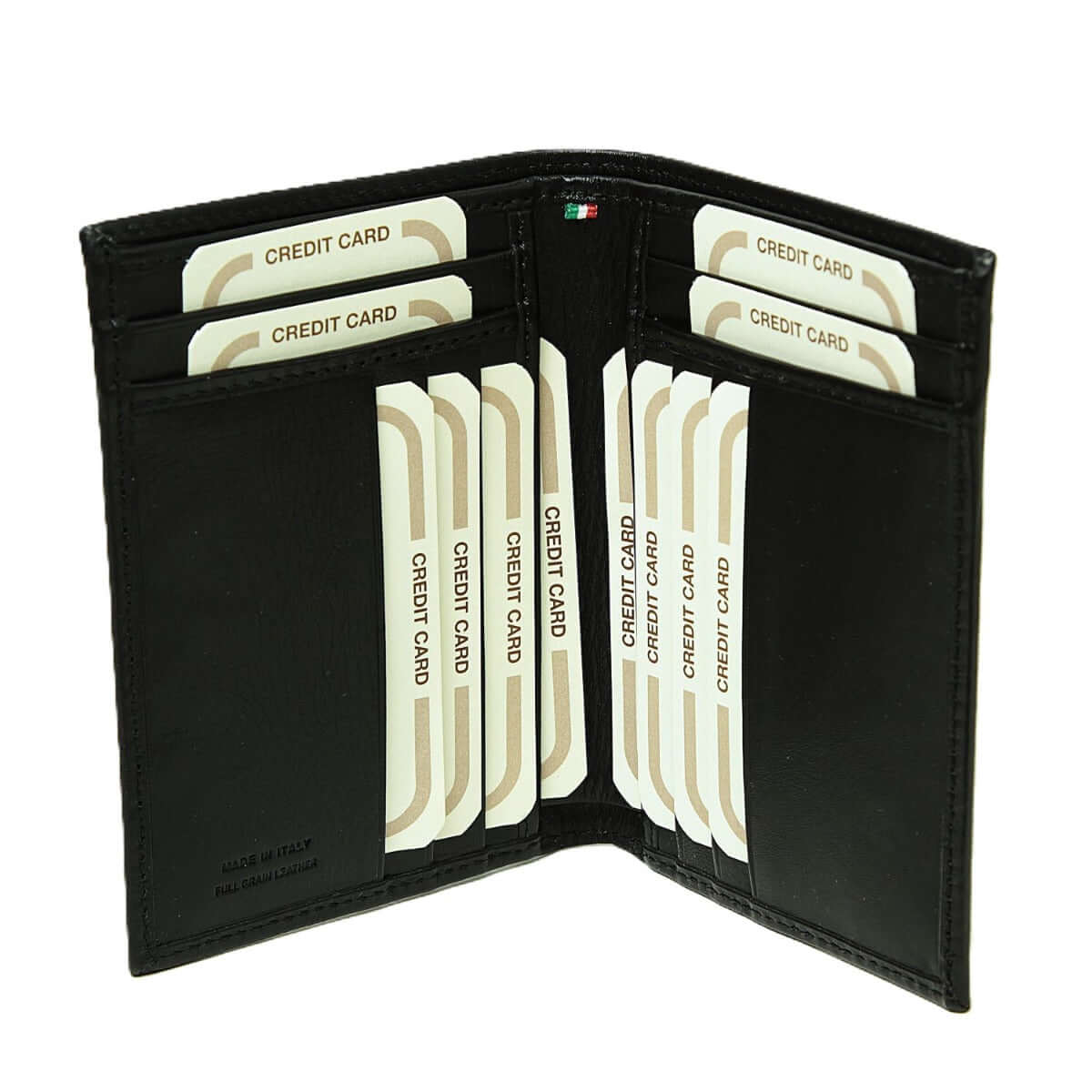 Porta carte in pelle nera aperto con tasche multiple per carte di credito