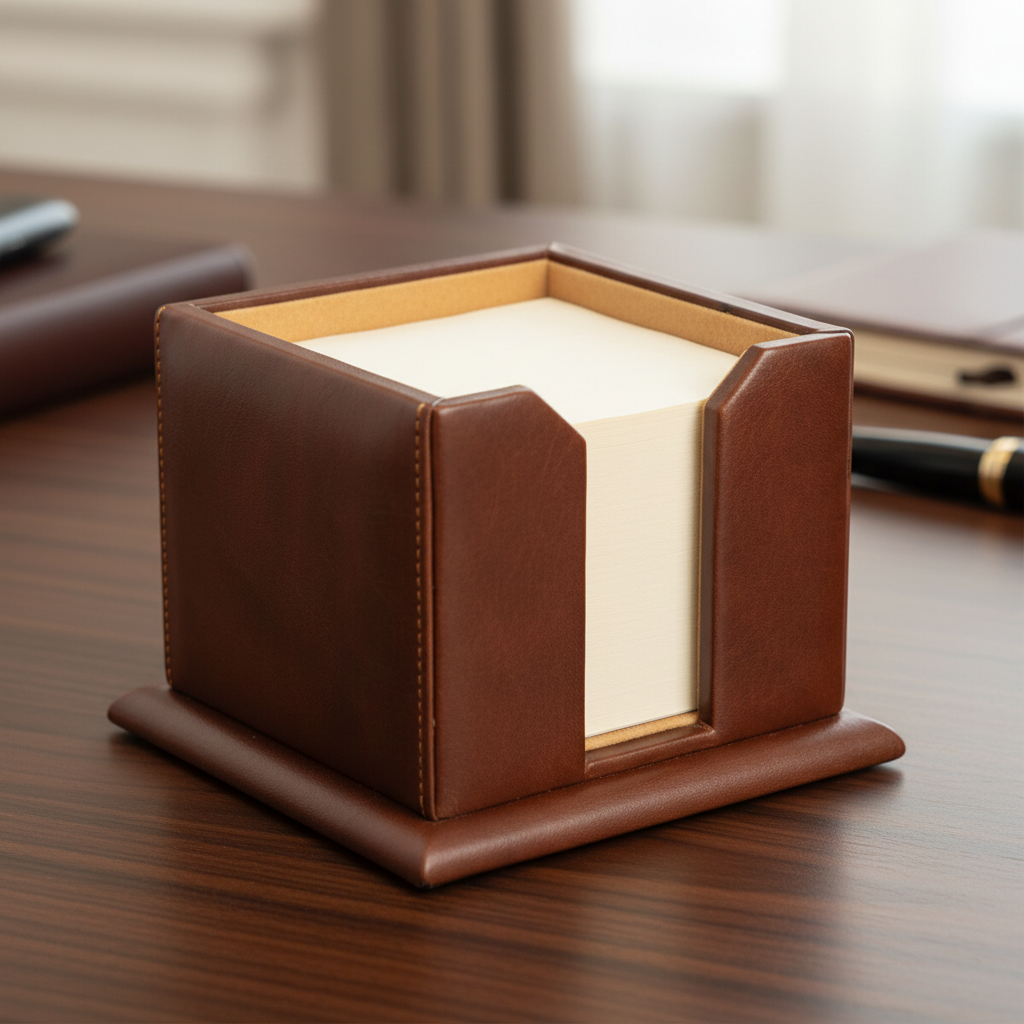 Portablocco in pelle marrone con interno chiaro, angoli imbottiti e base in cuoio.