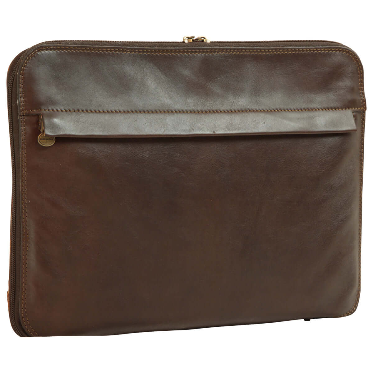 Porta documenti pelle marrone scuro in vera pelle con tasca con lampo esterna.
