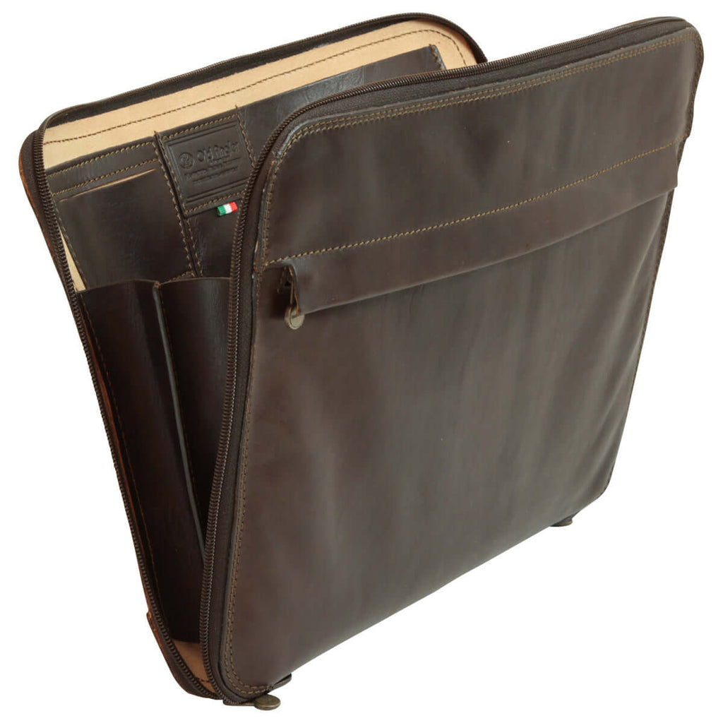 Porta documenti pelle marrone scuro con tasca esterna e interno foderato in pelle, ideale per organizzazione.